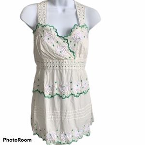 Anthropologie La La Lame White Green Top Large